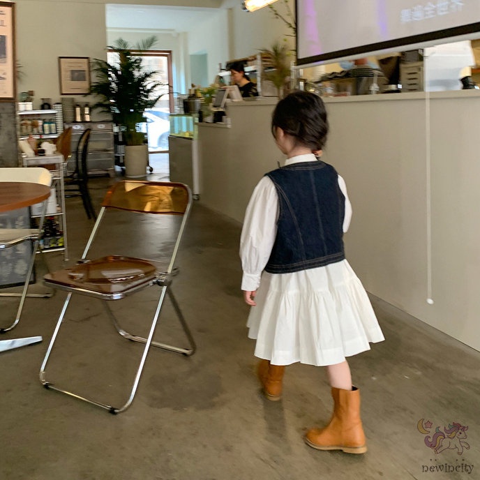 Bộ Áo Denim Không Tay + Đầm Trắng Thời Trang Hàn Quốc Dành Cho Bé Gái