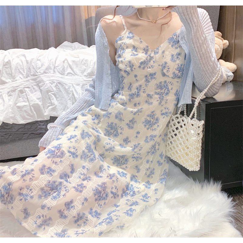 Áo khoác tay dài/ Đầm maxi hai dây XIAOZHAINV dáng chữ A họa tiết hoa mềm mại thời trang dành cho nữ