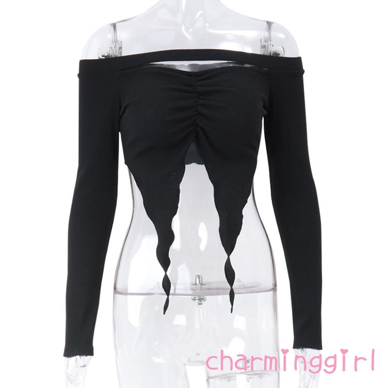 Áo Croptop Trễ Vai Tay Dài Màu Trơn Thời Trang Dành Cho Nữ