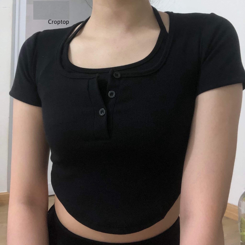 Áo croptop nữ ngắn tay cổ giả yếm Xinh 24 - Áo Kiểu Nữ ôm body Vạt Bầu Chất Thun Gân Mềm Mịn | BigBuy360 - bigbuy360.vn