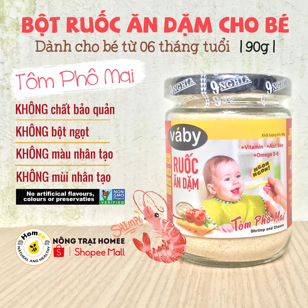 Bột ruốc ăn dặm Tôm &amp; Phô Mai dành cho bé VABY hủ 90g - Gia vị nêm và rắc dành cho bé từ 6 tháng tuổi