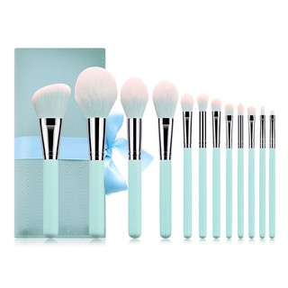 Set 12 cọ trang điểm màu xanh dương nhạt cán cầm gỗ kèm túi đựng