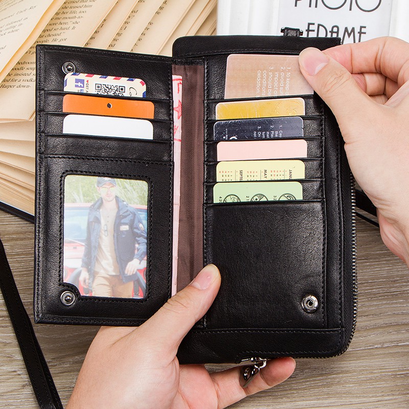 CONTACT'S Ví cầm tay cho nam Da thật RFID Ví đựng thẻ điện thoại Đi bộ dài cho nam
