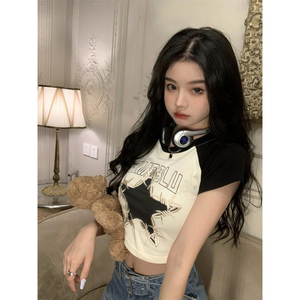 Áo Thun Ngắn Tay Thêu Chữ / Ngôi Sao Nhiều Màu Sắc Phong Cách Vintage Cho Nữ