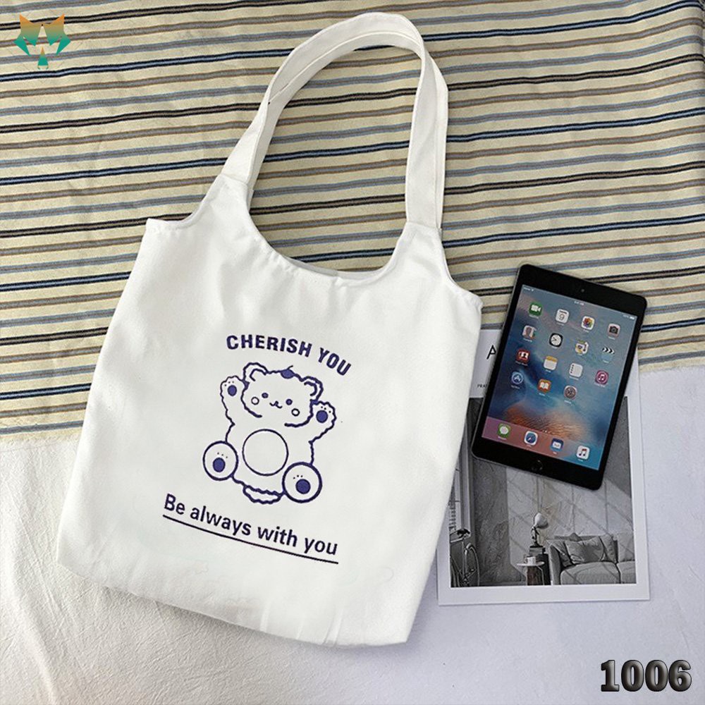 Túi Đeo Vai Tote Trắng Vải Canvas 1006 460 Gấu Cherish You Thời Trang Mùa Hè Siêu Hot