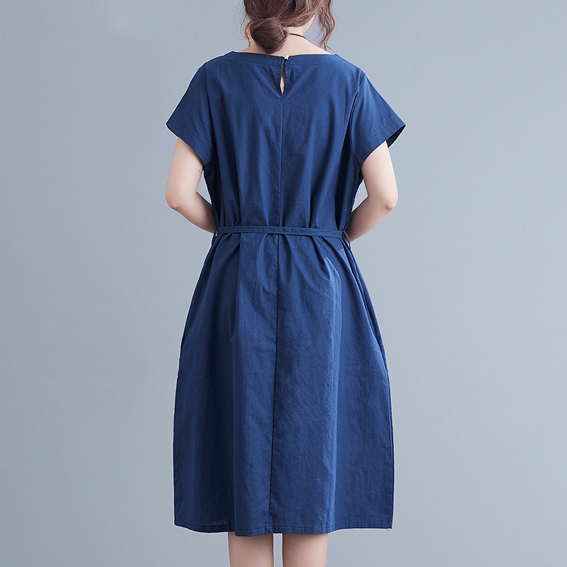 Đầm linen nữ dáng suông cổ tròn ngắn tay mặc hè, chất linen tự nhiên mềm mát kèm dây đai rời B84
