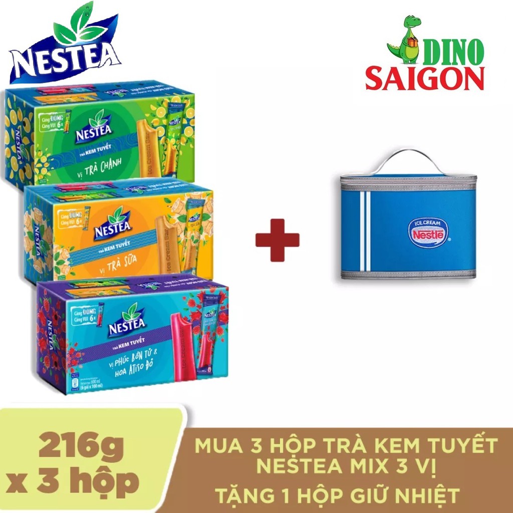 [Tặng 1 túi giữ nhiệt] Combo 3 Hộp trà kem tuyết Neseta 3 vị: trà chanh, trà sữa và mâm xôi & hoa atiso