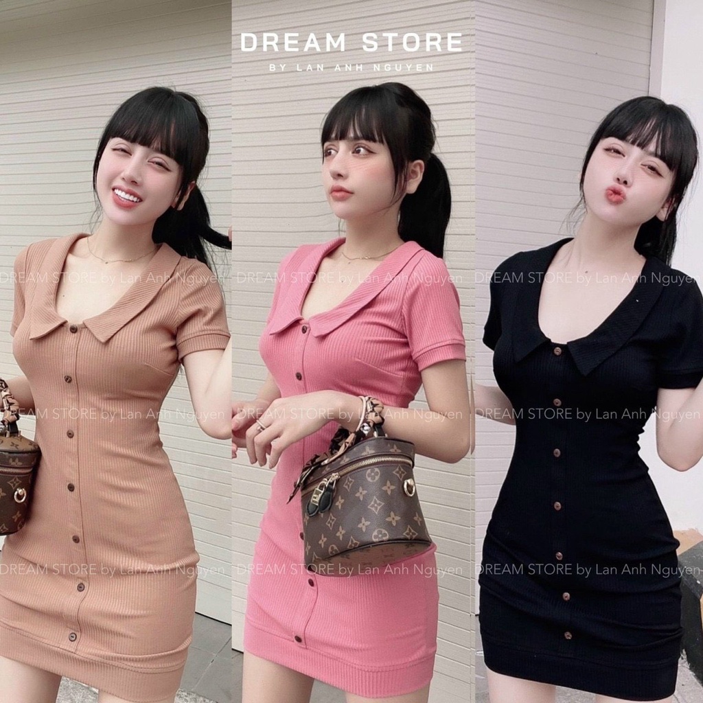 Đầm body cổ bẻ tay ngắn hàng nút ôm dáng ly