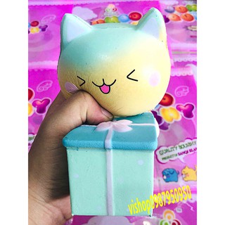 SQUISHY MÈO ÔM HỘP QUÀ XANH