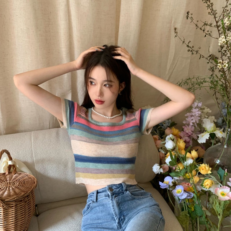 Áo Croptop Dệt Kim Tay Ngắn Cổ Vuông Họa Tiết Kẻ Sọc Nhiều Màu Sắc Phong Cách Retro Dành Cho Nữ