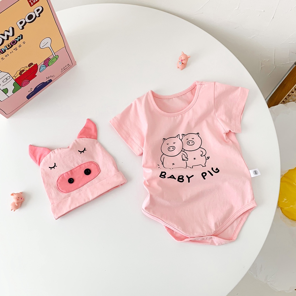 Bộ Áo Liền Quần Ngắn Tay In Hình Chú Heo Đội Mũ Màu Hồng Dễ Thương Thời Trang Mùa Hè 2022