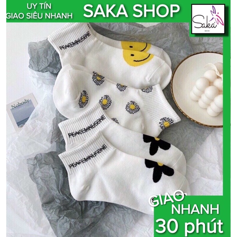 Vớ ngắn nam nữ dày dặn hình bông cúc 2 màu đen trắng