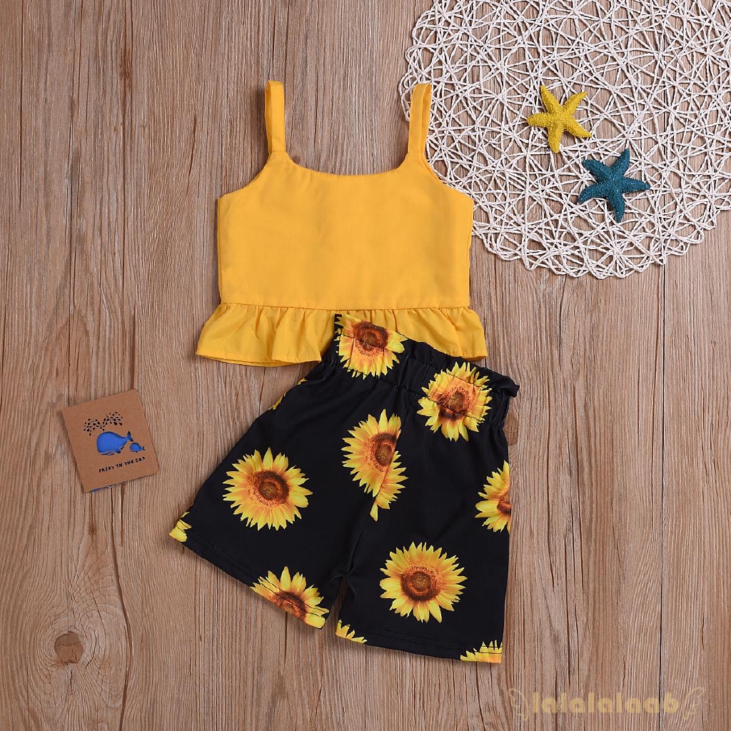 Set áo crop top + quần ngắn in hoa hướng dương cho bé gái