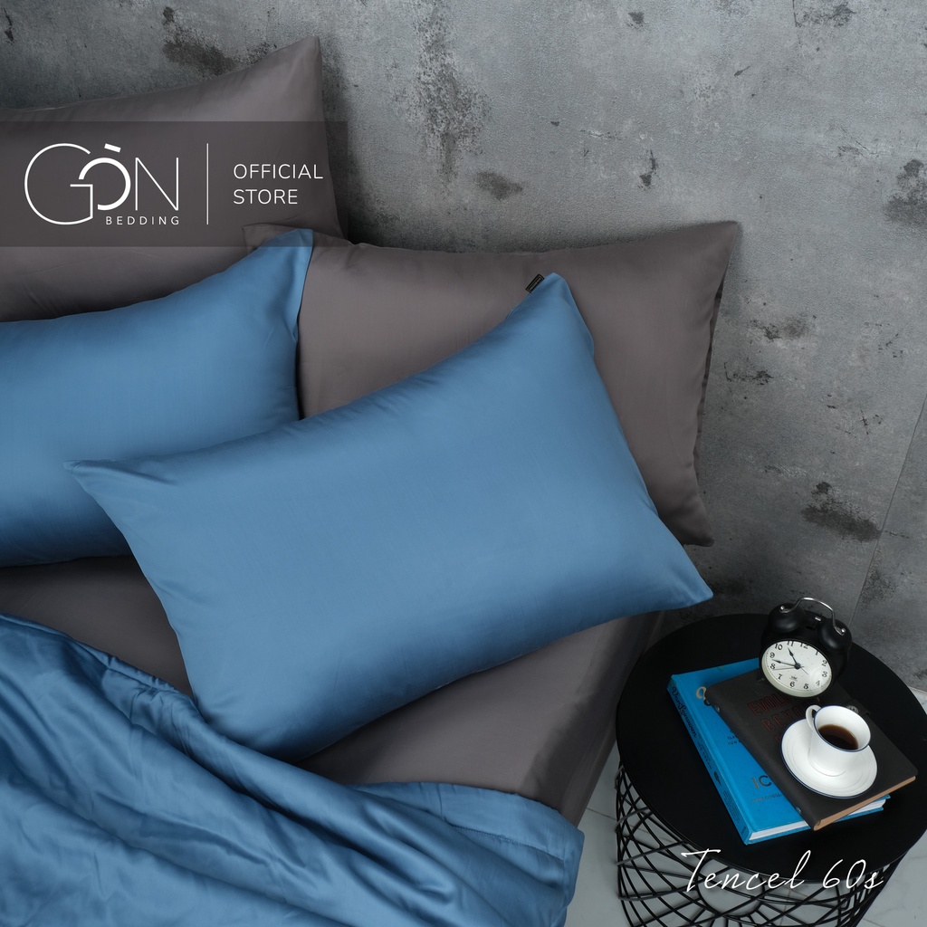 [Nhiều màu] Bộ Chăn Ga Gối 5 Món Gòn Bedding Lụa Tencel Màu Trơn Phối Xám 1m6x2m - 1m8x2m (không xù lông, không trơn)