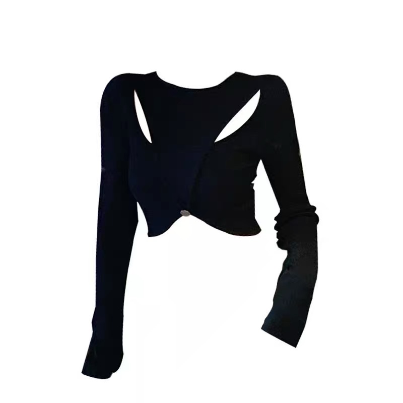 Áo croptop QKOOLE dệt kim tay dài phong cách Hàn Quốc cho nữ