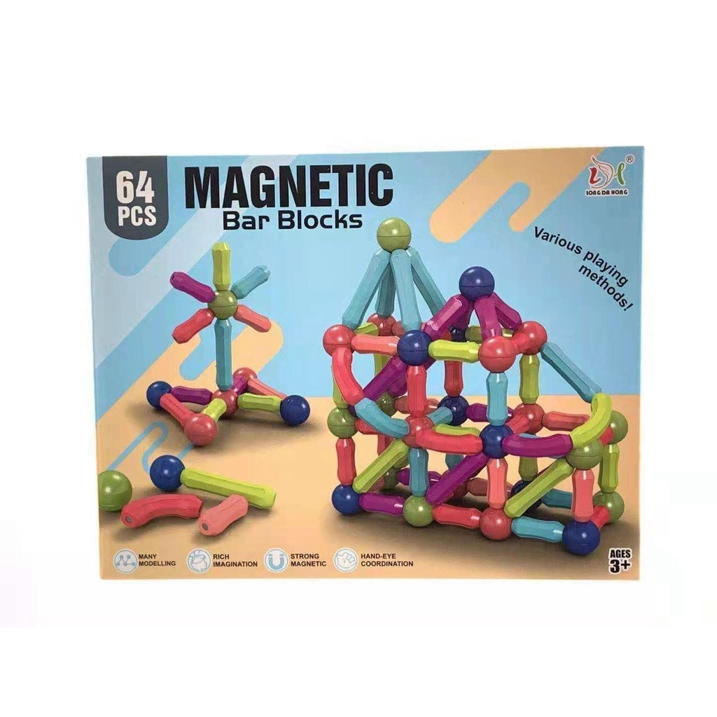 [64 CHI TẾT] Bộ xếp hình nam châm, lego thông minh que từ tính Magnetic Sticks - Phát triển tư duy - Hút cực mạnh