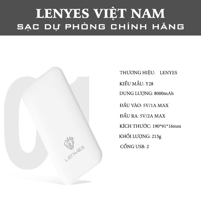 [Mã SKAMSALE03 giảm 10% đơn 200k] Pin Sạc Dự Phòng Lenyes Y28 – 8000mAh- Hỗ Trợ Sạc Nhanh