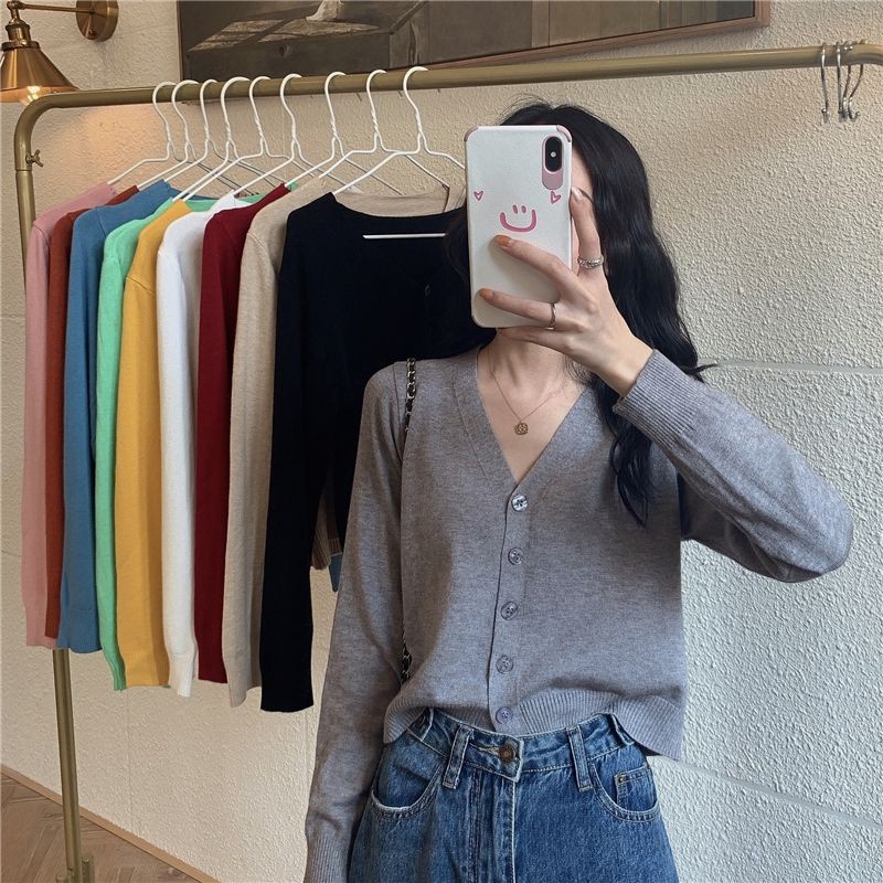 ❏Áo Khoác Cardigan Thun Len Cổ Tim Xinh Xắn Cho Nữ Chất Tăm Phong Cách Ulzzang Hàn Quốc Nhiều Màu