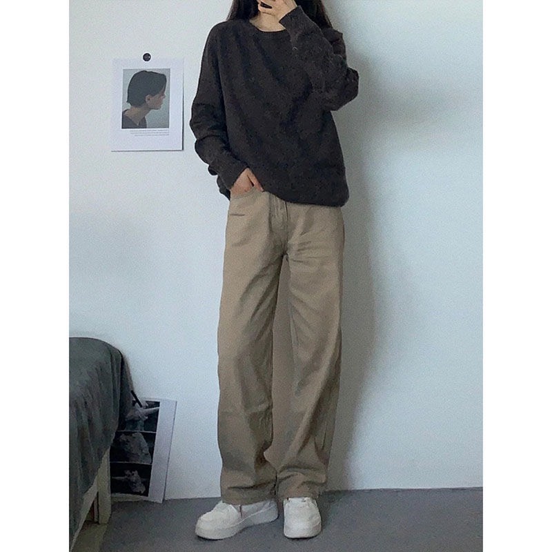 Quần jean nữ màu nâu sữa lưng cạp cao ống suông dài phom rộng chất đẹp loại 1 phong cách Ulzzang đi học đi làm đi chơi | BigBuy360 - bigbuy360.vn