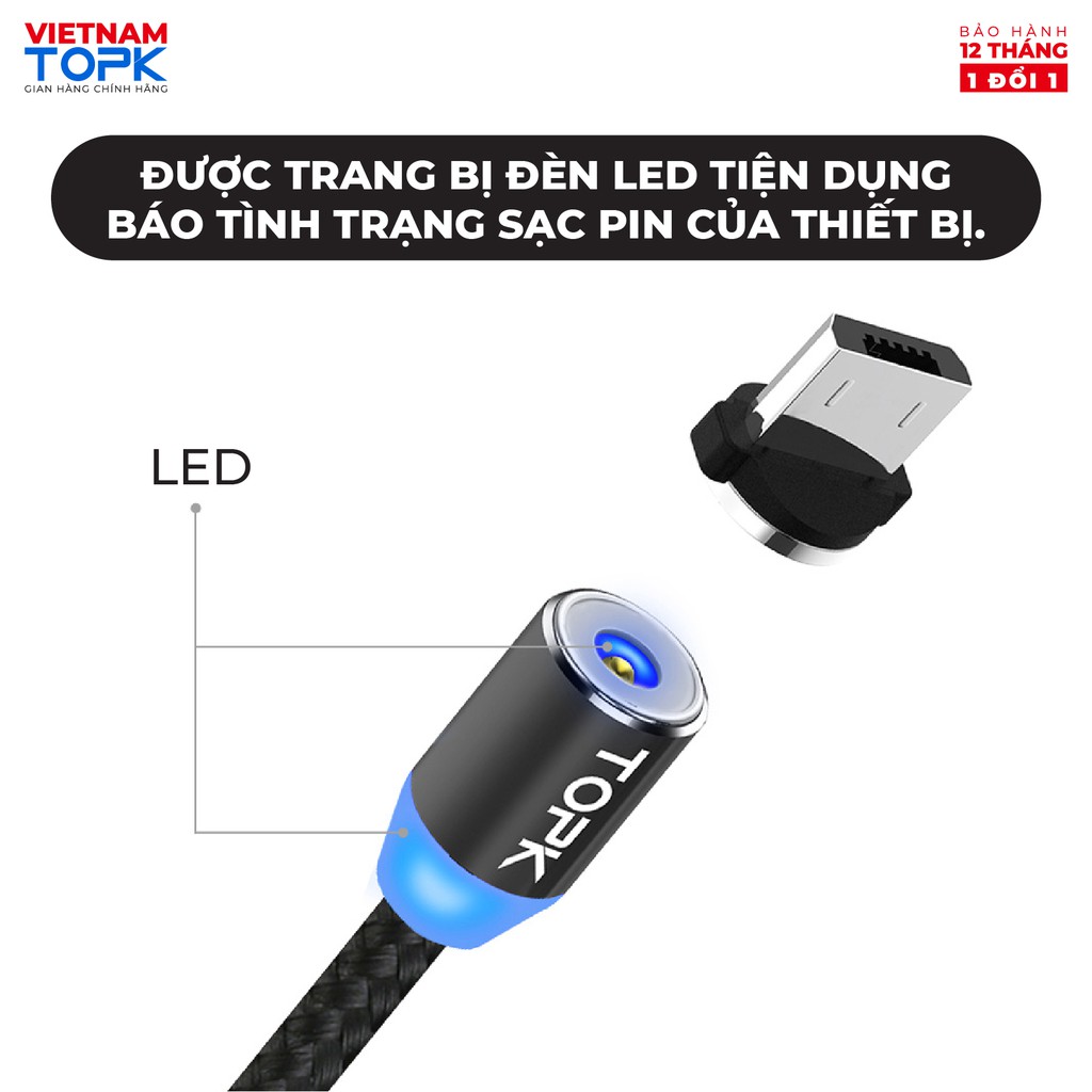 Dây sạc nam châm iPhone Type-C Micro USB TOPK AM23 - Vỏ bện nylon dài 1m - Đèn LED - Hàng chính hãng Bảo hành 12 tháng 1