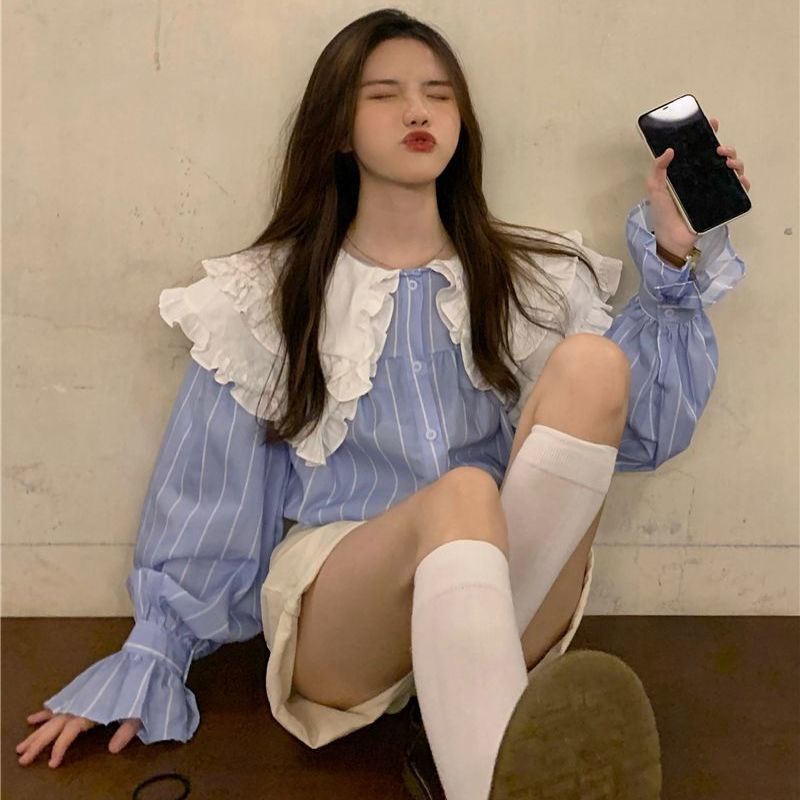 ◙Áo Sơ Mi Trắng Cổ Búp Bê Phối Ren Dễ Thương Xinh Xắn Dành Cho Nữ