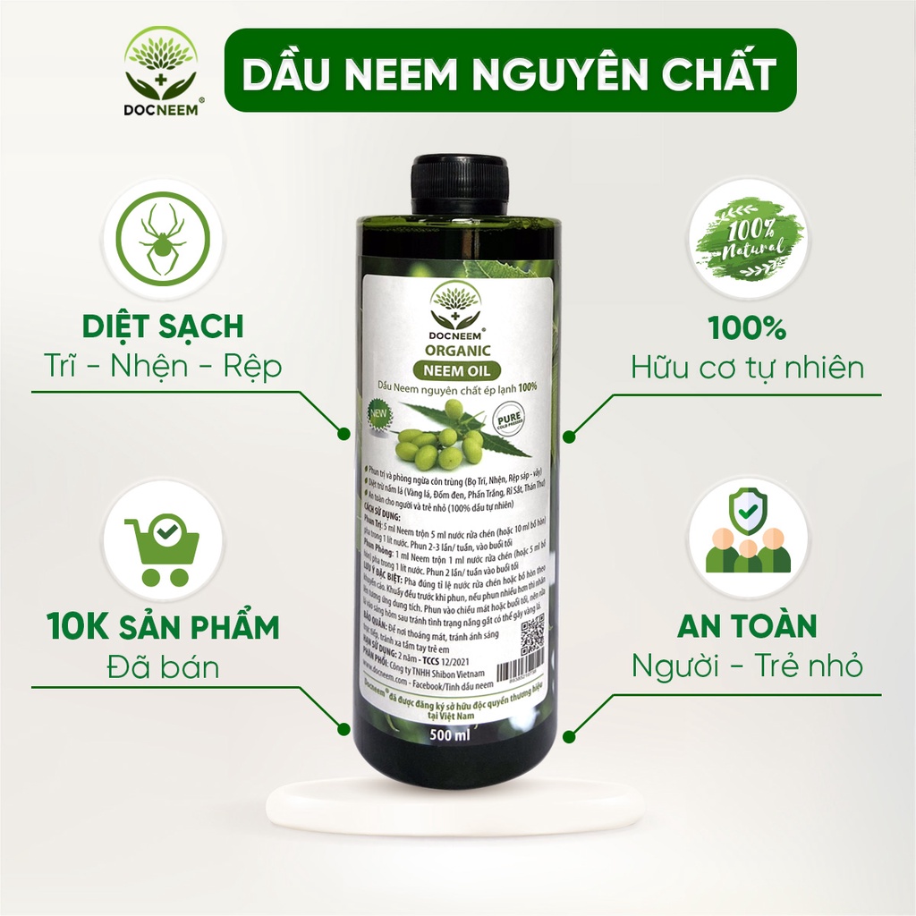 Dầu neem oil DOCNEEM hữu cơ phòng trị sâu bệnh hoa hồng, phong lan, cây cảnh, nguyên chất ép lạnh, hàng chính hãng 500ml