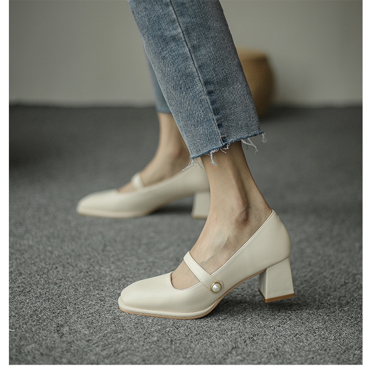 Giày Cao Gót Đế Vuông style vintage, Giầy Mũi Vuông Da Lì Đi Chắc Chân