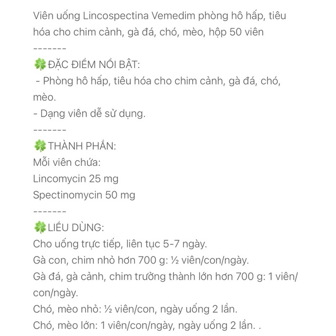 Viên uống Lincospectina Vemedim  phòng hô hấp, tiêu hóa cho chim cảnh, gà đá, chó, mèo