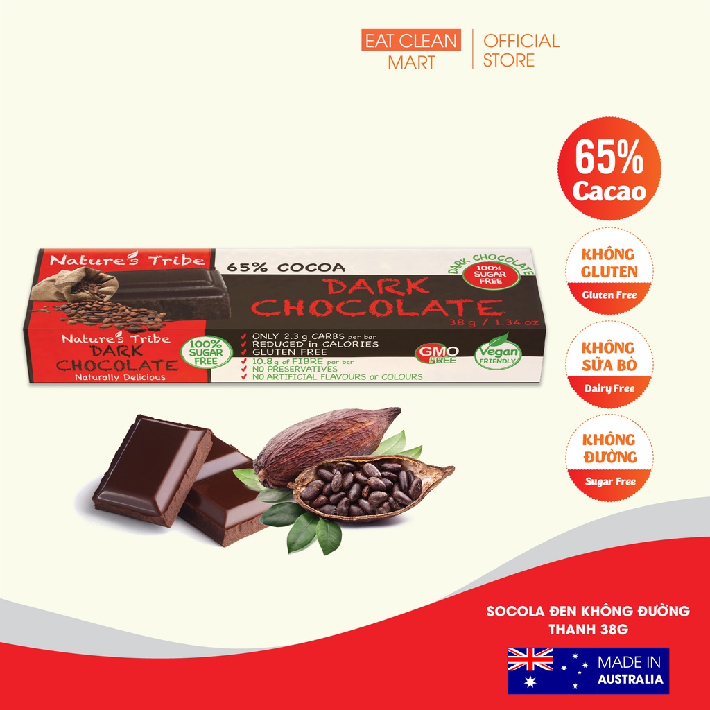 Socola Đen Không Đường Nhập Khẩu Úc, Gluten Free, Phù hợp  cả ăn chay - Nature's Tribe Dark Chocolate - Thanh 38g-88g