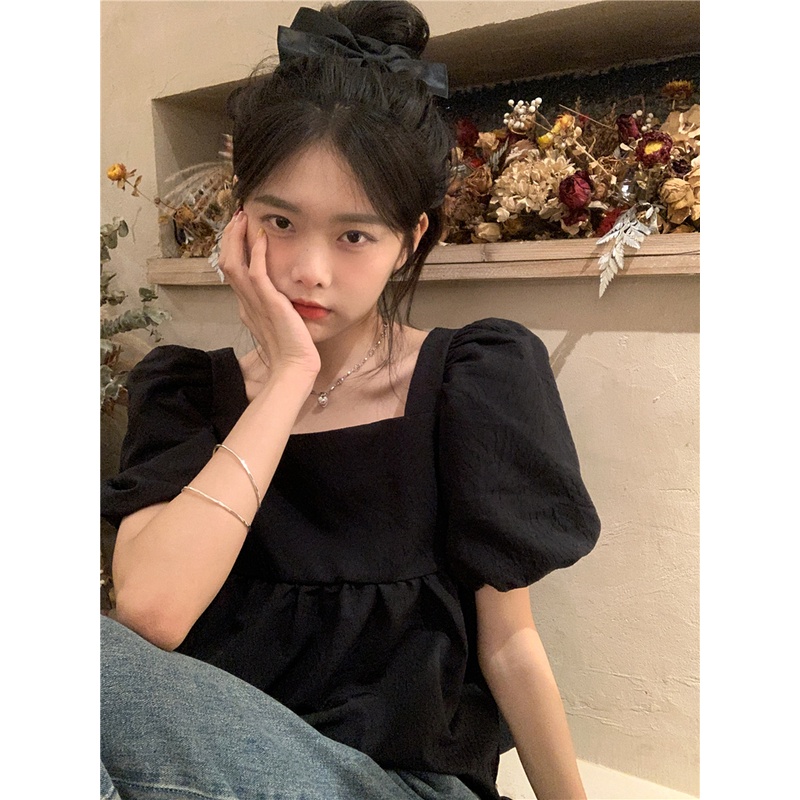 Áo babydoll tay phồng cổ vuông dày dặn phong cách hàn quốc dễ thương