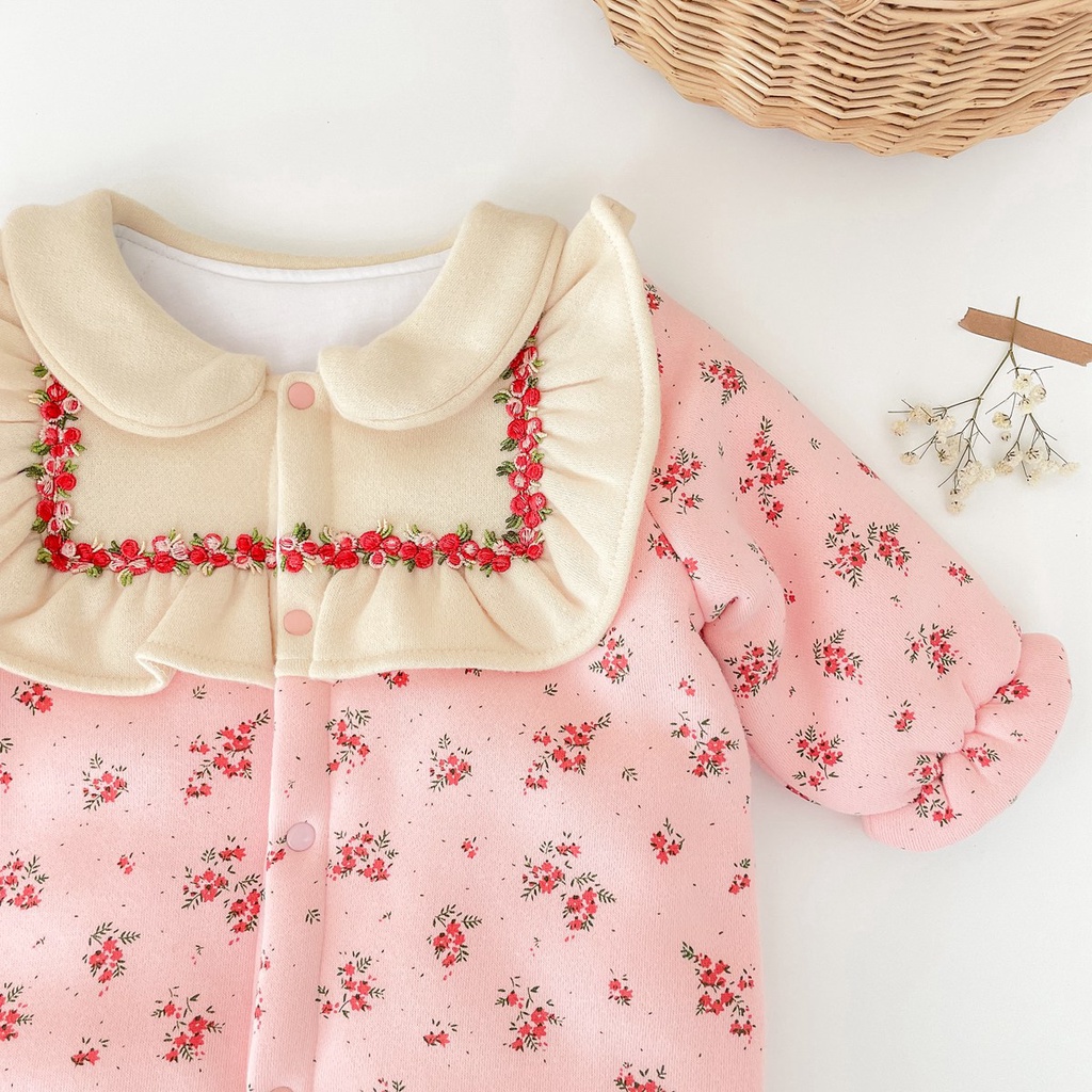 Áo liền quần Sanlutoz bằng cotton họa tiết hoa phong cách công chúa mùa đông cho trẻ em