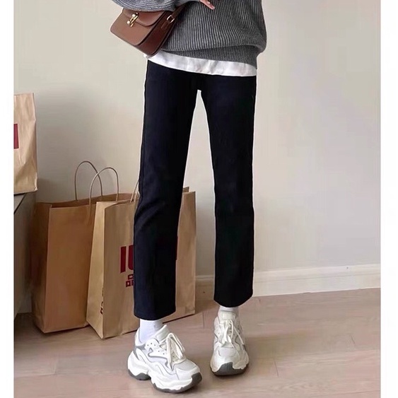 Quần jean bò ống đứng nữ màu đen lưng cao chất co giãn phong cách Ulzzang Hàn Quốc mặc hàng ngày đủ size