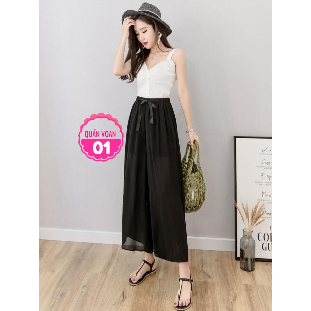 Quần ống rộng nữ chất voan siêu mềm mướt lưng thun phối nơ dễ thương QV01