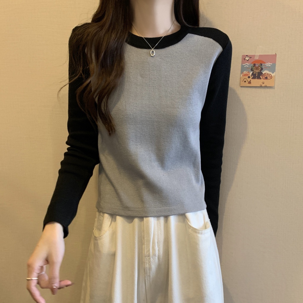 Áo Len Tay Dài Nhiều Lớp Màu Sắc Tương Phản Phong Cách Hàn Quốc Thời Trang Thu Đông Cho Nữ