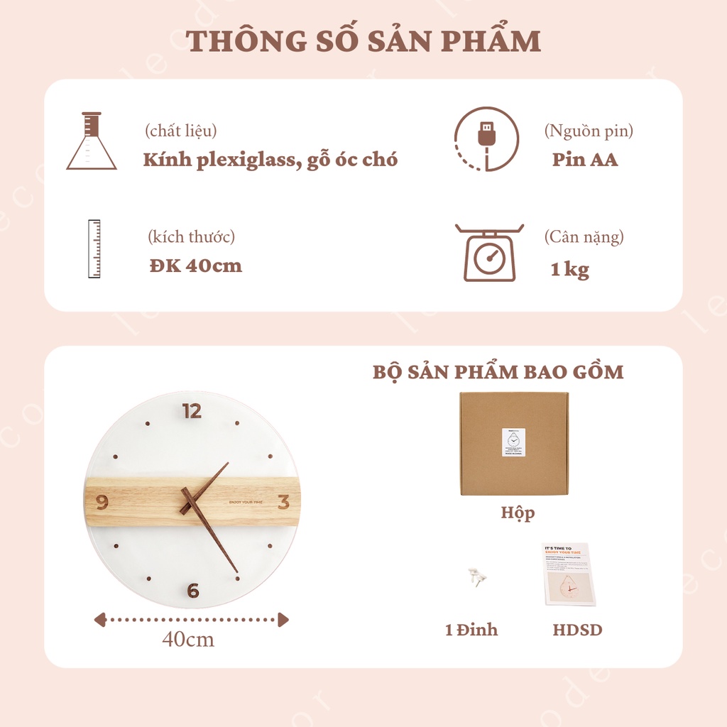 Đồng hồ treo tường mặt acrylic trong suốt kim trôi yên tĩnh, đồng hồ treo tường decor phong cách tối giản - LEODEN DECOR