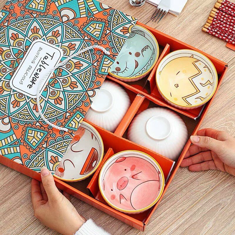 Bộ 6 chén ăn cơm gốm sứ cao cấp in họa tiết đáng yêu, bát ăn cơm cao cấp có hộp đi kèm làm quà tặng
