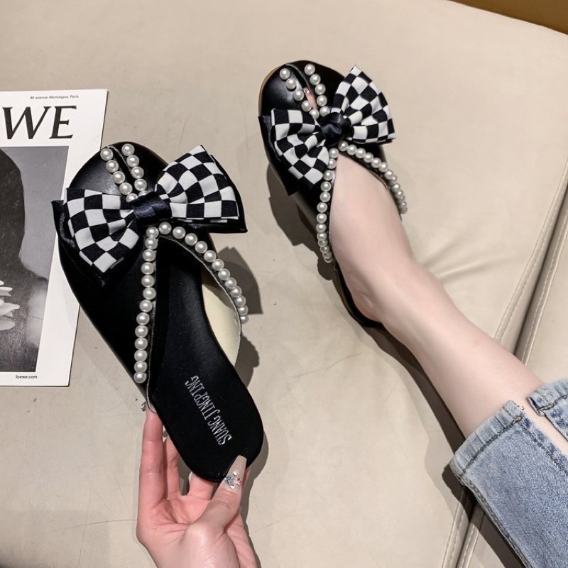 SALE— Sục da mềm mũi tròn viền cườm đính nơ CARO BIG SIZE 41-43