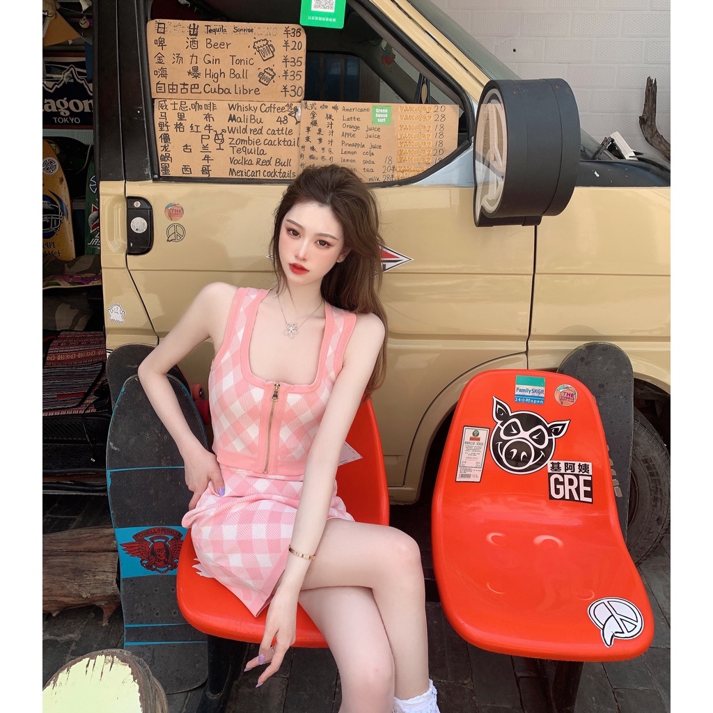 Bộ áo len sát nách và chân váy ZHELIHANGFEI màu hồng họa tiết kẻ sọc caro thời trang dành cho nữ