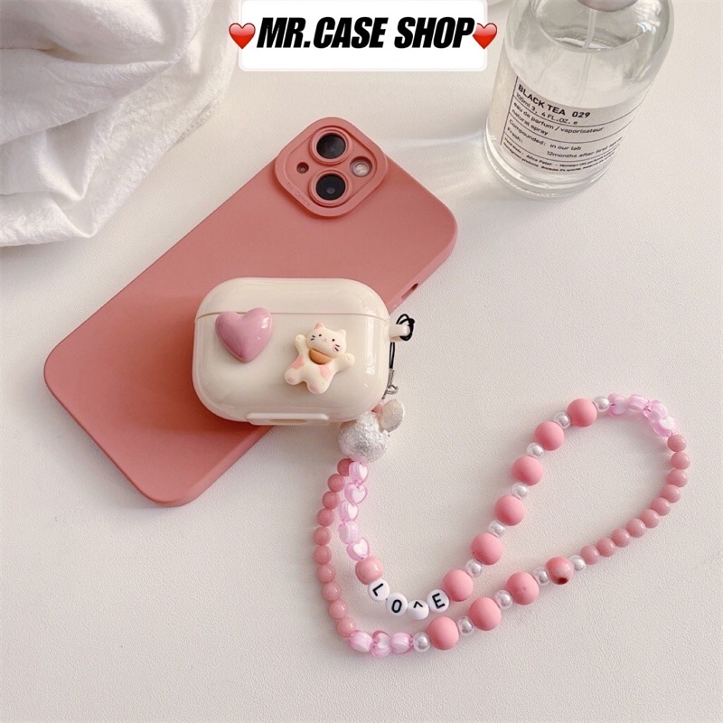 Case Airpods 1/2 /3/Pro Vỏ Ốp Tai Nghe Nhựa Dẻo Hình Hoạt Tiết Mèo Tim Kèm Dây Đeo Dài - Mr.Case AirPods