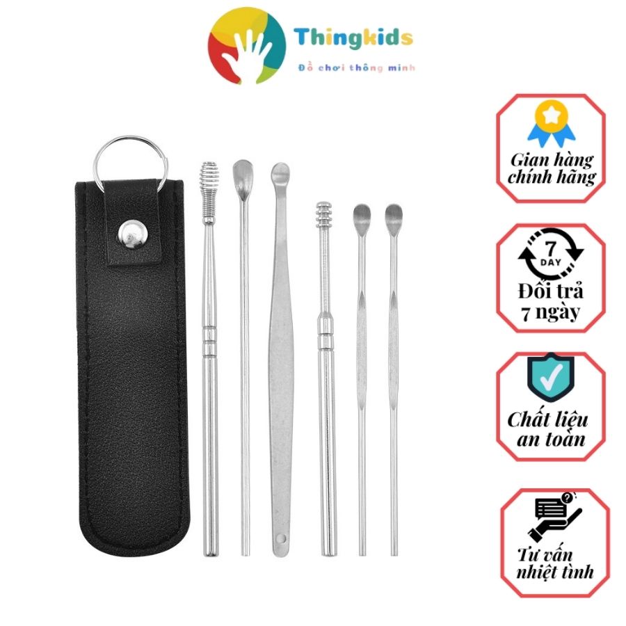 Dụng cụ lấy ráy tai, ngoáy tai 6 chi tiết tặng kèm túi da làm móc chìa khóa tiện lợi - Thingkids