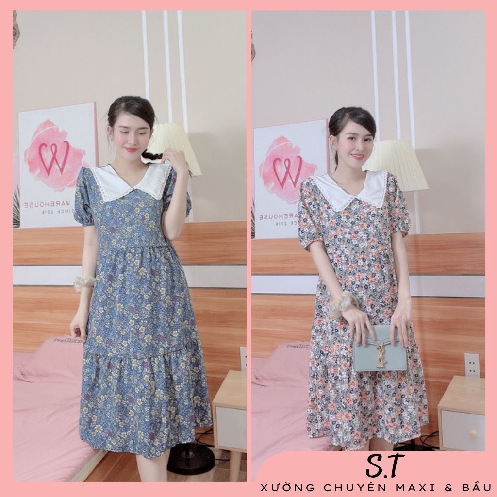 Đầm bầu hoa cổ sơ mi siêu xinh