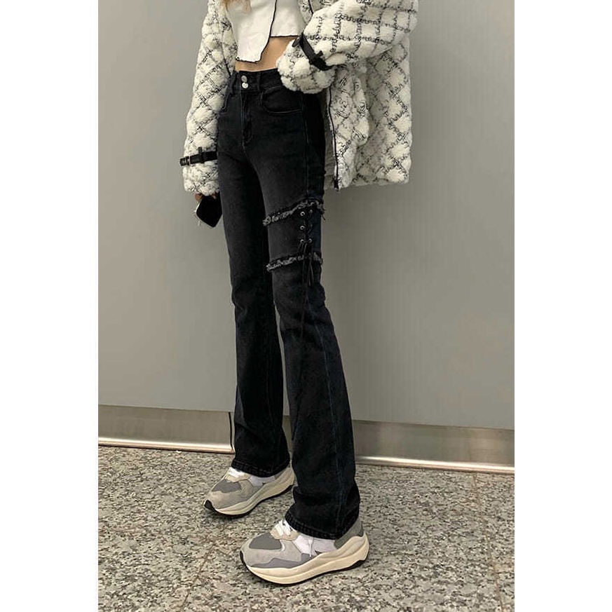 Jiashucheng Quần Jean Lưng Cao Dáng Ôm Cột Dây Thời Trang Đường Phố Mới Cho Nữ