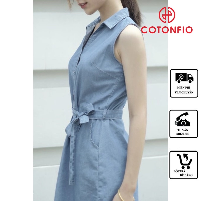 Đầm Jean Sát Nách Váy Jean COTONFIO 8050 Đầm nữ cổ trụ thắt nơ eo chất đẹp dáng suông
