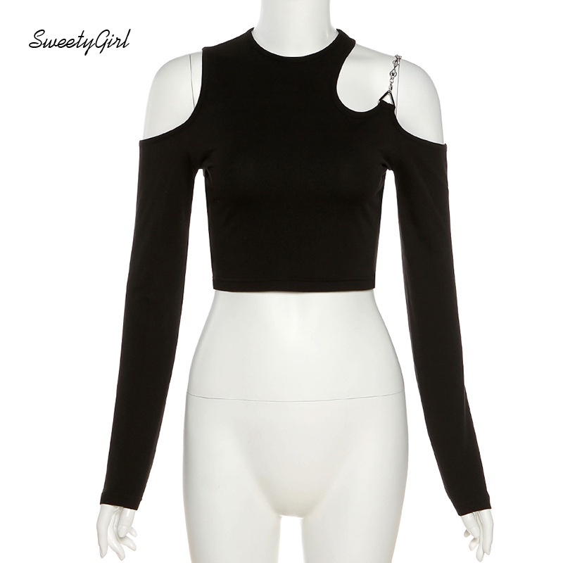 Áo croptop tay dài cổ tròn màu trơn dáng ôm năng động dành cho nữ