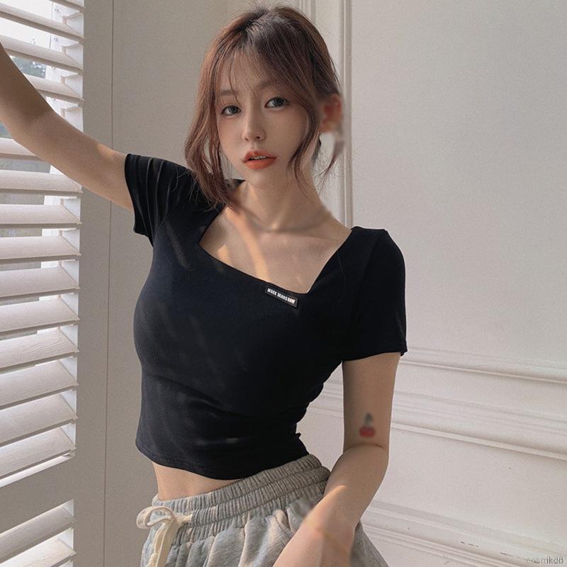Áo thun croptop cổ vuông tay ngắn dáng ôm phong cách Hàn Quốc chất lượng cao