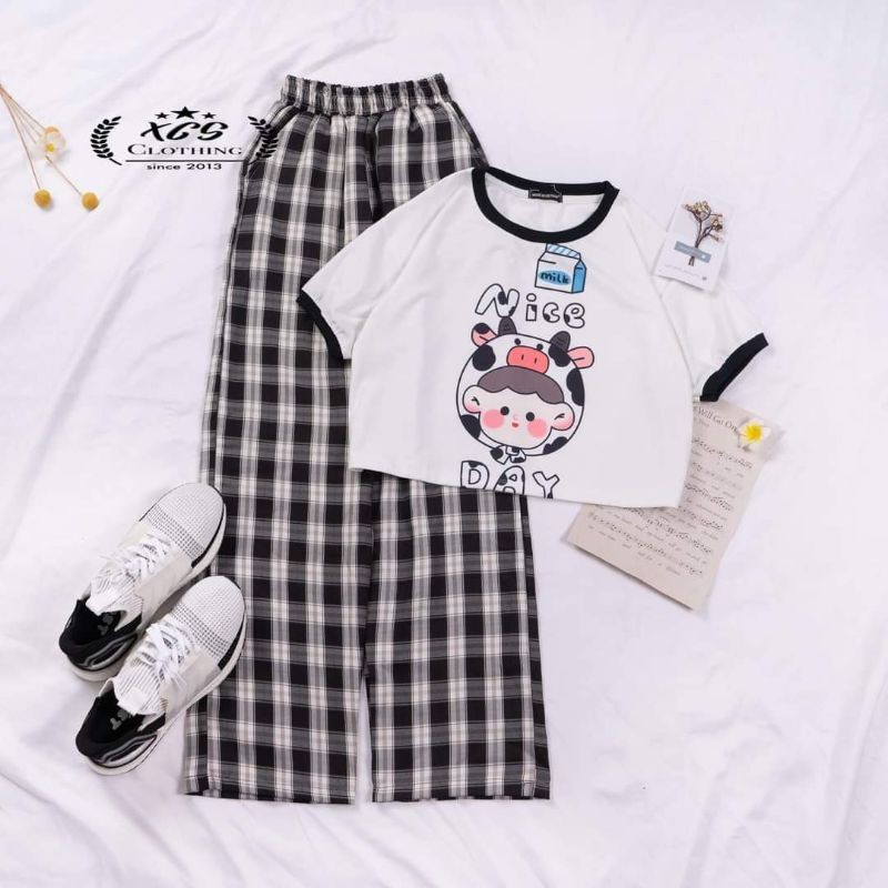 Sét Croptop Bò Sữa + Quần Caro Quần sọc Bó Ống