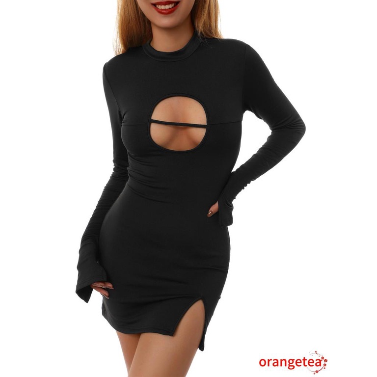 Đầm ôm body tay dài cổ lọ khoét lỗ màu sắc thời trang