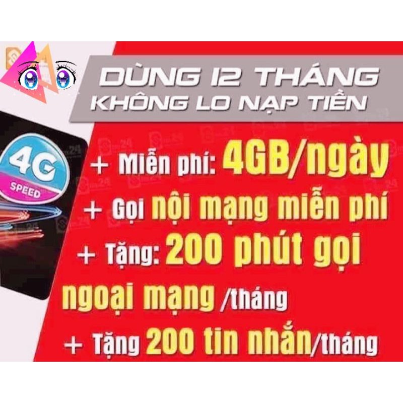 Sim Vina VD149 12 tháng, 4G data/ngày, 200p/tháng ngoại Mạng,1000p nội mạng/ tháng