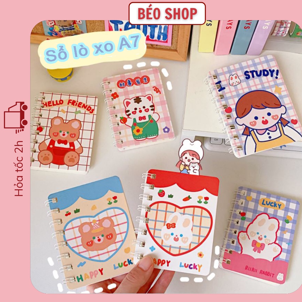 Sổ tay mini gáy lò xo A7 Béo shop in hình họa tiết gấu thỏ cô gái dễ thương