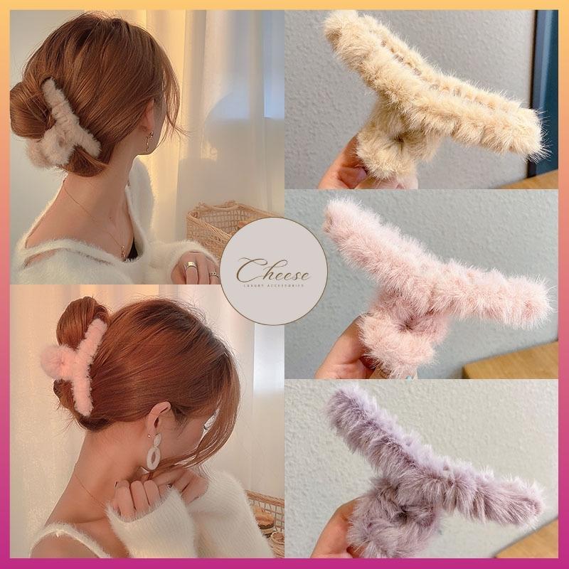 Kẹp tóc/cặp tóc phủ lông nhung cỡ lớn thiết kế đơn giản, phong cách sang trọng thanh lịch Hàn Quốc KLN